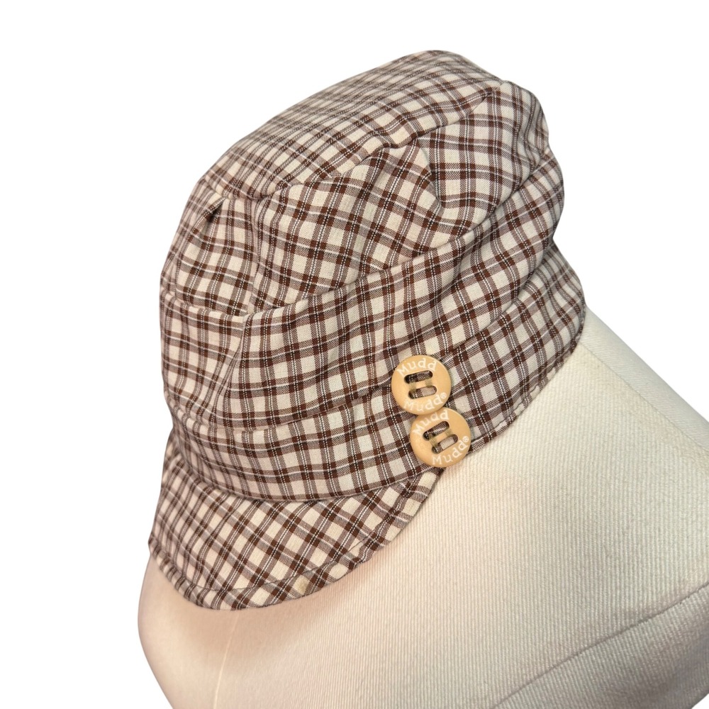Mudd Newsboy Hat Women OS Brown White Good Vintage Plaid Branded Buttons Y2K